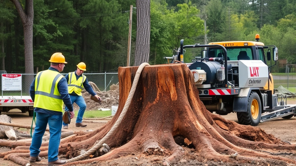 Land clearing crew with safety equipment removing large tree stumps using specialized grinder machinery, organized job site with proper signage, professional team coordination
