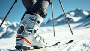 Professional skier wearing high-performance ski boots on snowy mountain slope, close-up of boot construction details and buckle systems, crisp daylight conditions