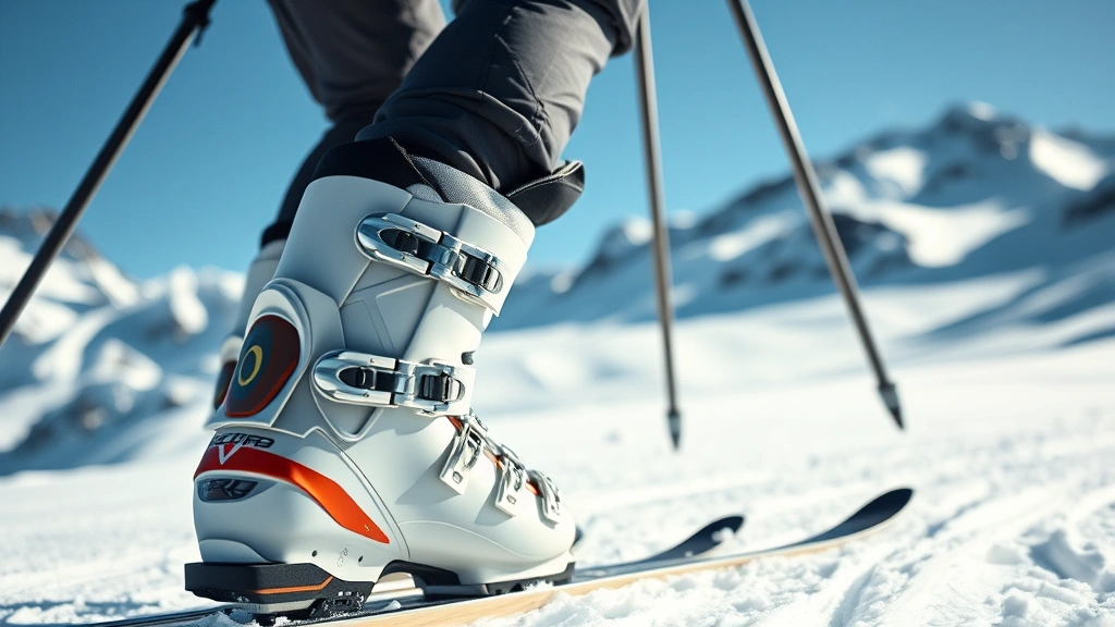 Professional skier wearing high-performance ski boots on snowy mountain slope, close-up of boot construction details and buckle systems, crisp daylight conditions