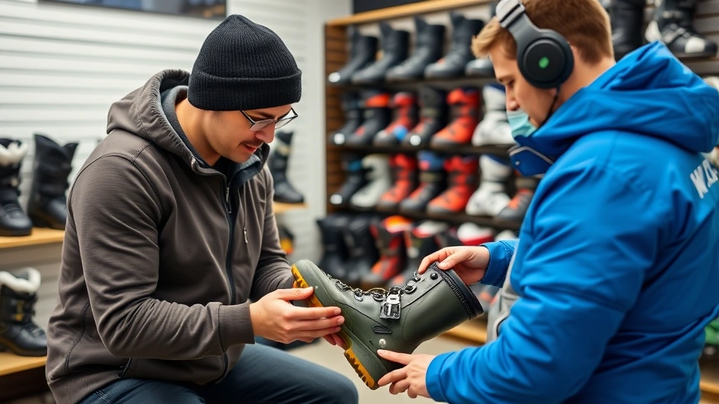 Experienced boot fitter conducting professional fitting session with customer, examining foot anatomy and boot adjustments, professional ski shop environment with boots displayed