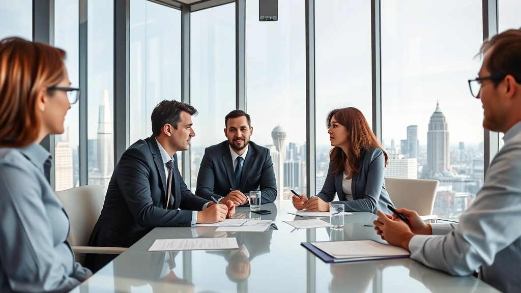 Executive business team in professional attire conducting strategic planning meeting in modern corporate office boardroom with city skyline visible through floor-to-ceiling windows, collaborative atmosphere, no presentation materials or whiteboards visible