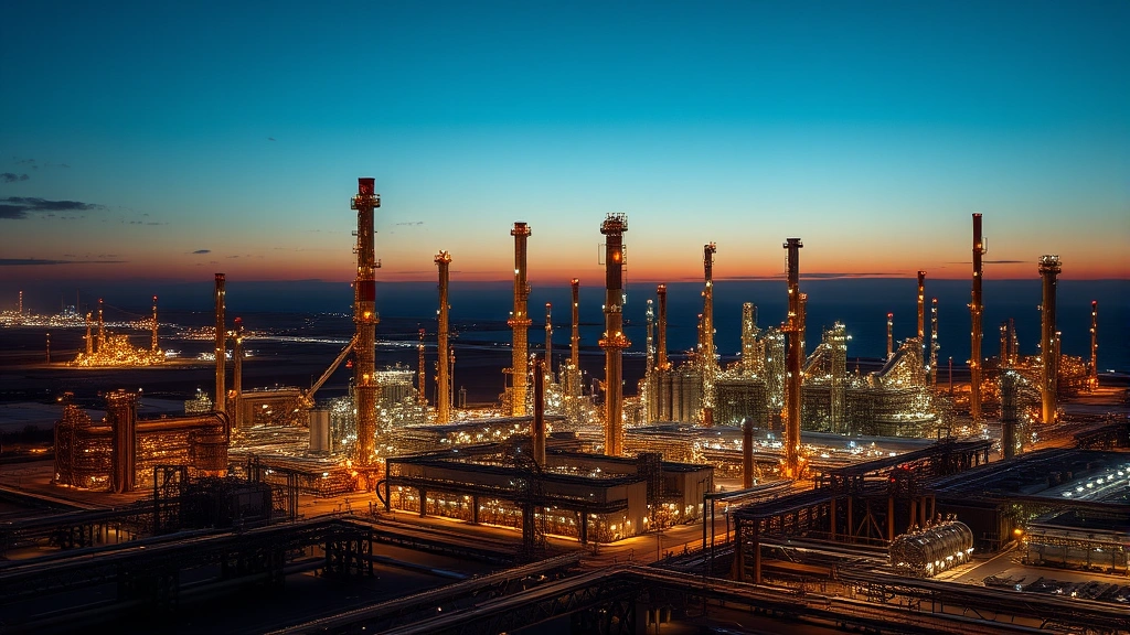 Large-scale industrial refinery facility at dusk with illuminated structures, multiple processing towers, pipelines, and equipment demonstrating complex energy infrastructure, no identifying signage or text, atmospheric industrial landscape