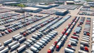 Aerial view of massive trucking company distribution hub with hundreds of parked semi-trucks and trailers organized in neat rows, warehouse buildings and loading docks visible, bright daylight, photorealistic, professional logistics facility