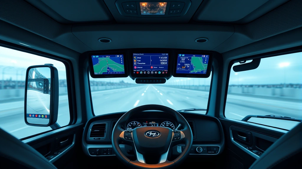 Interior of modern truck cab dashboard showing digital display screens, GPS navigation system, telematics monitoring, and steering wheel from driver perspective, professional corporate lighting, high-end vehicle interior