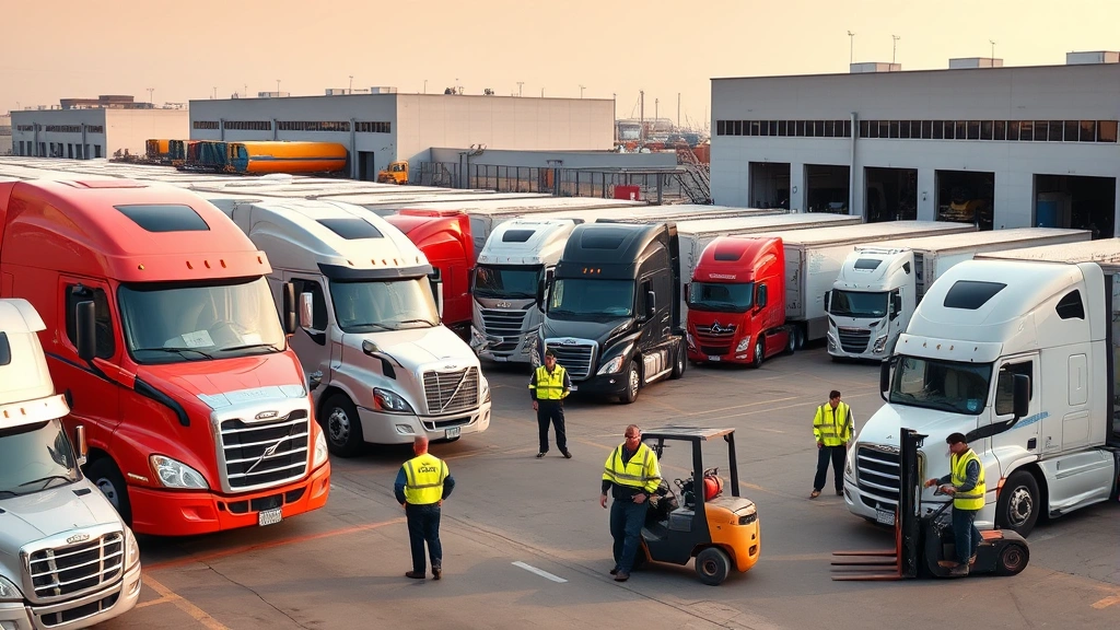 Busy trucking company terminal with multiple semi-trucks lined up at loading docks, workers in safety vests directing traffic, forklifts moving cargo, modern facility buildings in background, daytime operations, photorealistic business setting