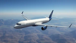 Aerial view of modern commercial aircraft in flight over European landscape with mountains visible below, professional business photography, clear daytime conditions, aircraft banking gracefully