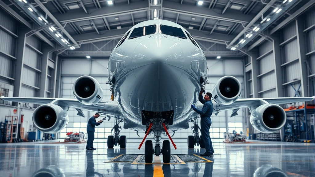 Modern aircraft hangar interior with technicians performing maintenance checks on aircraft fuselage, professional industrial setting, bright LED lighting, precision engineering atmosphere