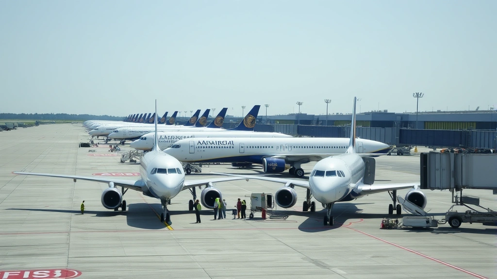 Busy international airport tarmac with multiple aircraft lined up for departure, ground crew conducting operations, clear visibility, professional aviation operations environment