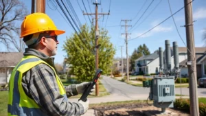 Professional utility infrastructure technician in safety gear inspecting electrical distribution lines and transformer equipment in suburban residential neighborhood during daylight