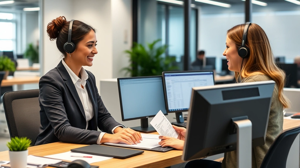 Modern utility company customer service representative assisting business client in professional office setting with computer workstation and utility billing documents