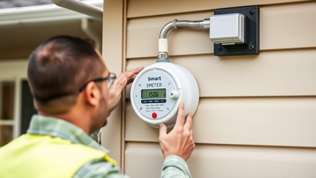 Smart meter installation on residential home exterior showing digital energy monitoring technology with technician checking calibration and connection points