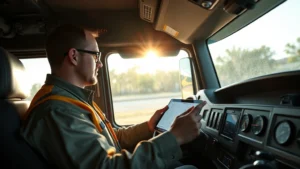 Professional truck driver in modern cab of semi-truck, reviewing digital tablet with logistics data and route planning, morning sunlight through windshield, realistic detail, corporate setting