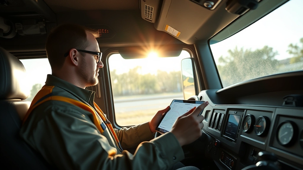 Professional truck driver in modern cab of semi-truck, reviewing digital tablet with logistics data and route planning, morning sunlight through windshield, realistic detail, corporate setting