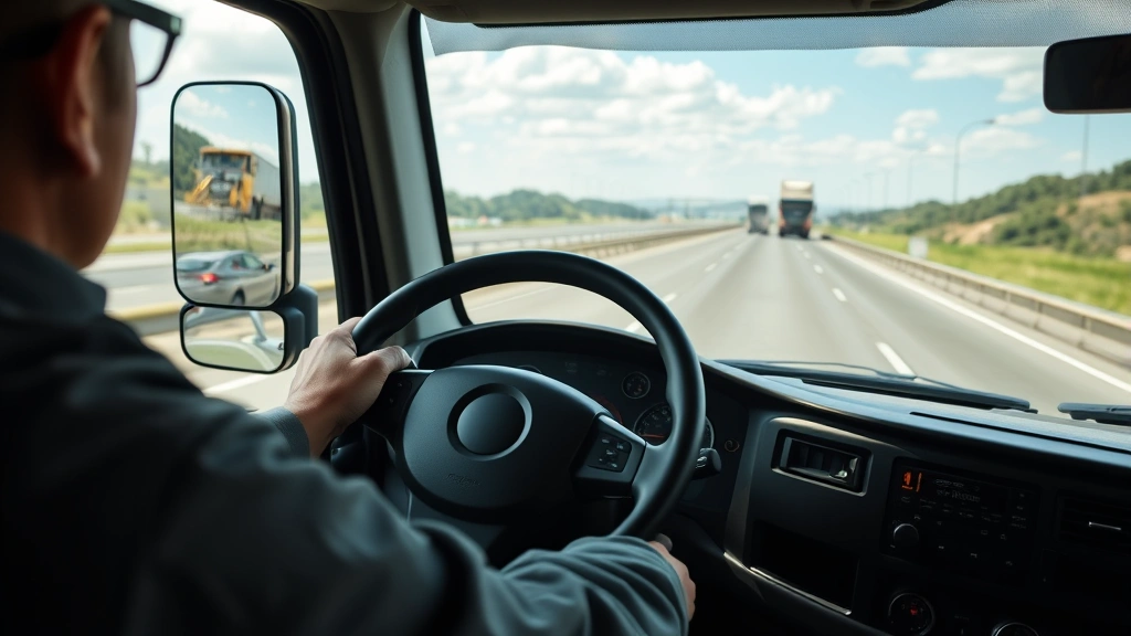 Close-up of driver's hands on steering wheel of commercial truck on interstate highway, dashboard visible with gauges and controls, professional atmosphere, daytime driving conditions