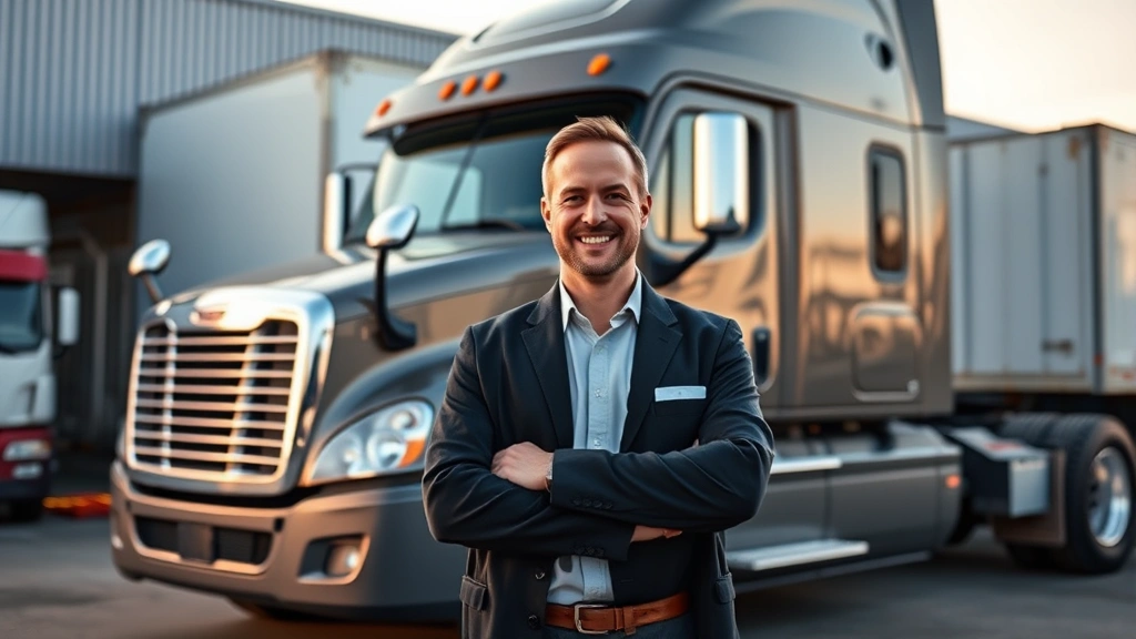 Successful owner-operator standing beside their semi-truck in logistics yard, professional attire, confident posture, modern equipment background, morning or afternoon lighting, business-oriented composition
