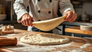 Artisanal pizza dough being hand-stretched by a skilled chef in a professional kitchen, showing precise technique and ingredient quality, warm natural lighting highlighting texture and craftsmanship