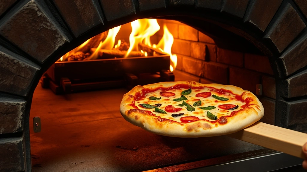 Traditional wood-fired pizza oven with flames visible, showing a perfectly cooked pizza being removed, demonstrating authentic cooking method and professional restaurant environment