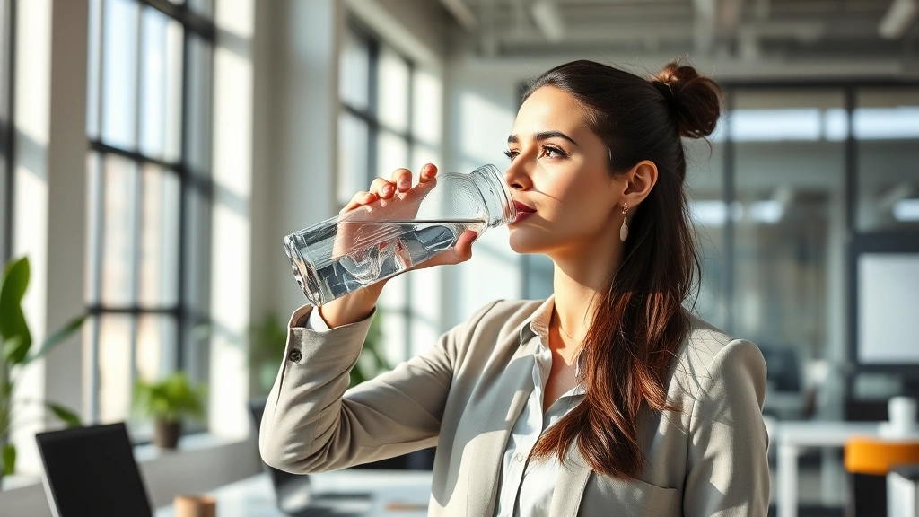 Professional woman in modern office environment drinking water from premium glass bottle, natural sunlight streaming through windows, contemporary workspace background, healthy lifestyle aesthetic