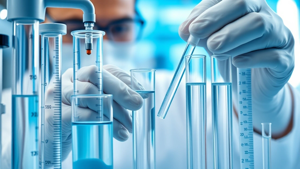 Close-up of water quality laboratory equipment including testing tubes and measurement devices, professional scientist examining water samples, clinical environment with blue-tinted lighting, scientific credibility emphasis