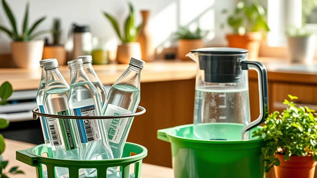 Sustainable business environment showing water bottles in recycling bin alongside filtered water pitcher, eco-conscious lifestyle setup, natural lighting highlighting environmental choice, modern home kitchen setting