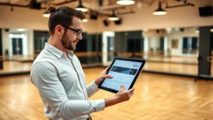 Professional dance studio owner reviewing digital analytics dashboard on tablet while standing in a modern dance studio with wooden floors, mirrors, and professional lighting, representing business transformation and data-driven decision-making