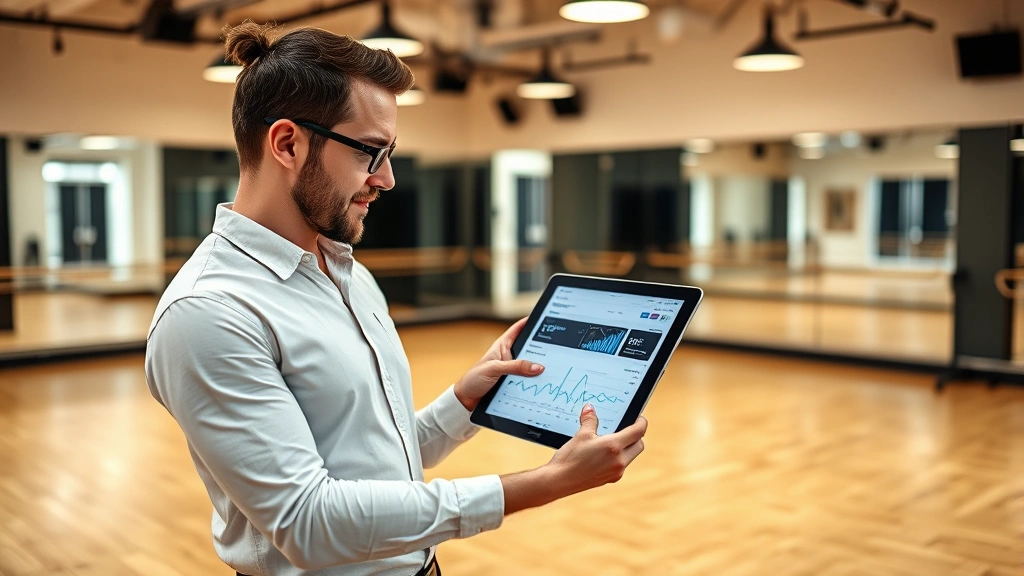 Professional dance studio owner reviewing digital analytics dashboard on tablet while standing in a modern dance studio with wooden floors, mirrors, and professional lighting, representing business transformation and data-driven decision-making