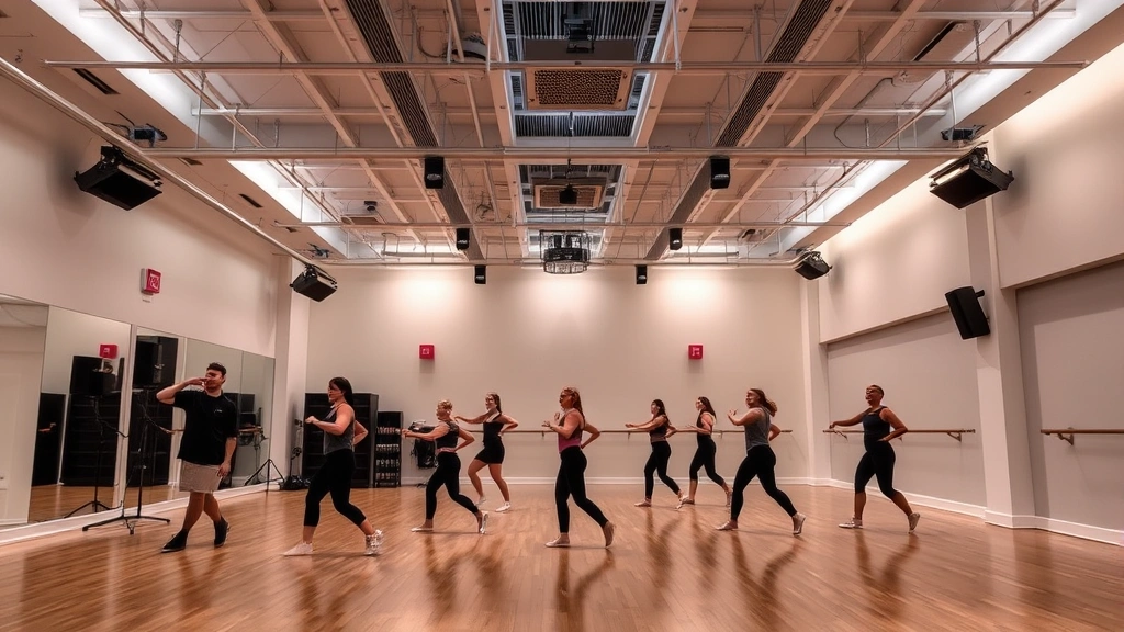 Modern dance studio facility with state-of-the-art lighting, professional sound system, and contemporary aesthetic design, with students executing contemporary dance movements, representing infrastructure modernization and premium positioning