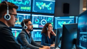 Professional IT team in modern control room monitoring multiple screens displaying system dashboards and real-time operational metrics, focused expressions analyzing data