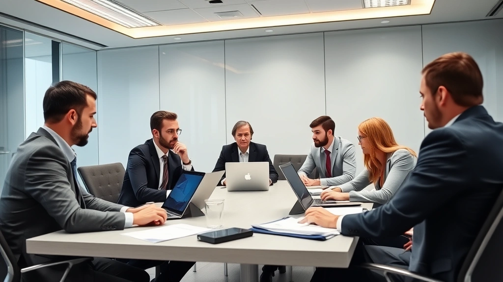 Corporate business professionals in conference room conducting incident review meeting with laptops and documentation, collaborative problem-solving atmosphere