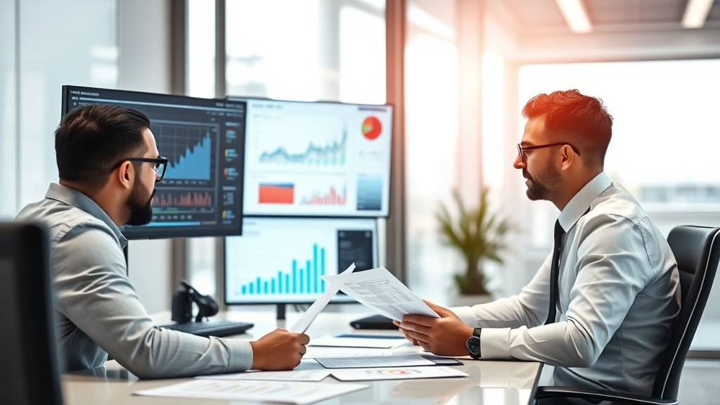 Corporate executive in modern office reviewing financial documents and computer screens displaying complex data charts and analytics during business strategy meeting
