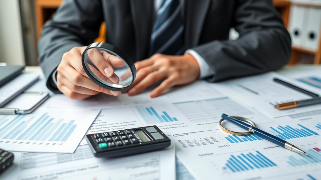 Professional forensic accountant examining financial records and reports at desk with magnifying glass, calculator, and multiple documents in organized workspace