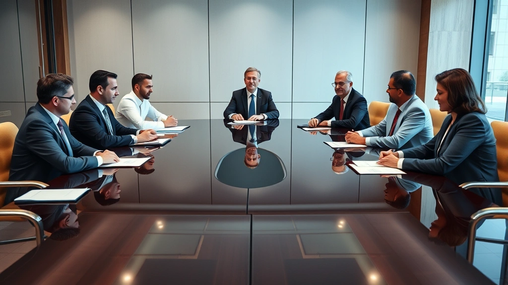 Board of directors meeting in conference room with executives discussing governance and compliance, displaying serious professional engagement around polished table