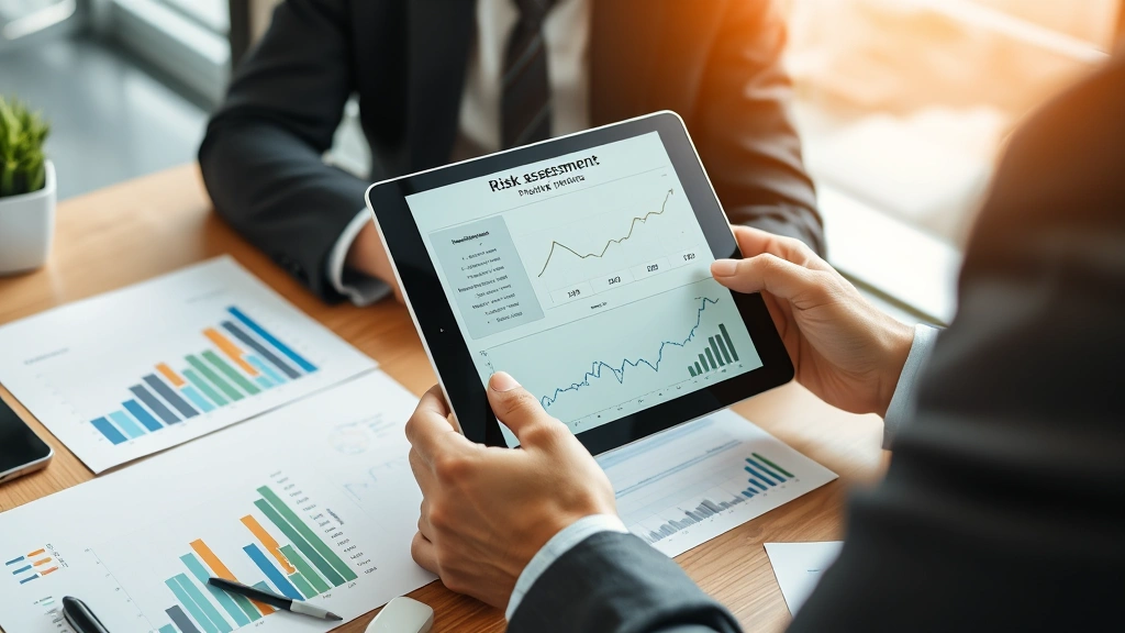 Business professional analyzing risk assessment framework on tablet while sitting at desk with financial reports, graphs showing sustainable versus unsustainable growth trajectories, corporate office setting