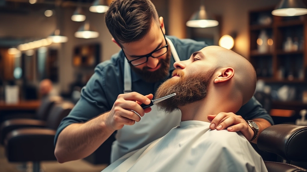Professional barber in white apron working on client's beard with straight razor in modern barbershop with warm lighting and leather chairs, close-up focus on precision technique and craftsmanship