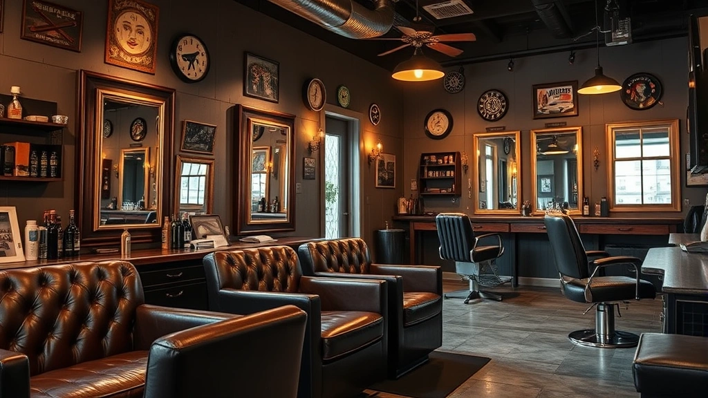 Upscale barbershop interior showing comfortable waiting area with leather seating, vintage decor, professional mirrors and stations, welcoming atmosphere for premium grooming services clientele