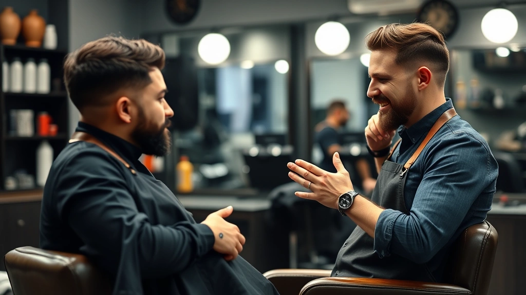 Customer satisfaction meeting or consultation scene with barber discussing style options with client in professional barbershop setting, demonstrating communication and personalized service approach