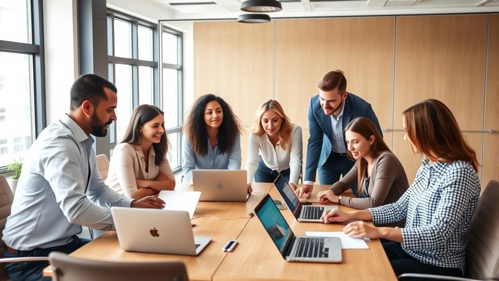 Diverse team of professionals collaborating around conference table with laptops and tablets, engaged discussion and brainstorming session, modern office environment with natural lighting, business teamwork visualization