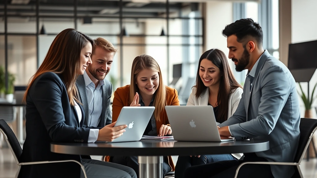 Professional business team collaborating on laptops and tablets in modern office environment, diverse group of professionals engaged in discussion, natural lighting, contemporary workspace setup