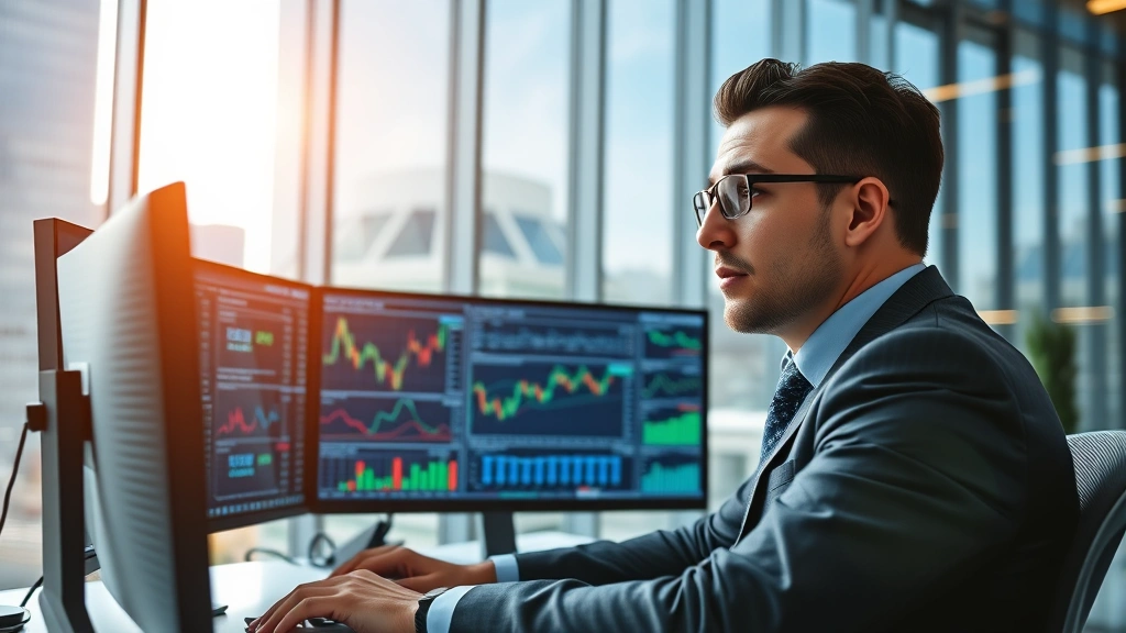 Professional executive in modern glass office building analyzing financial charts and market data on multiple screens, confident expression, daytime natural lighting, corporate environment