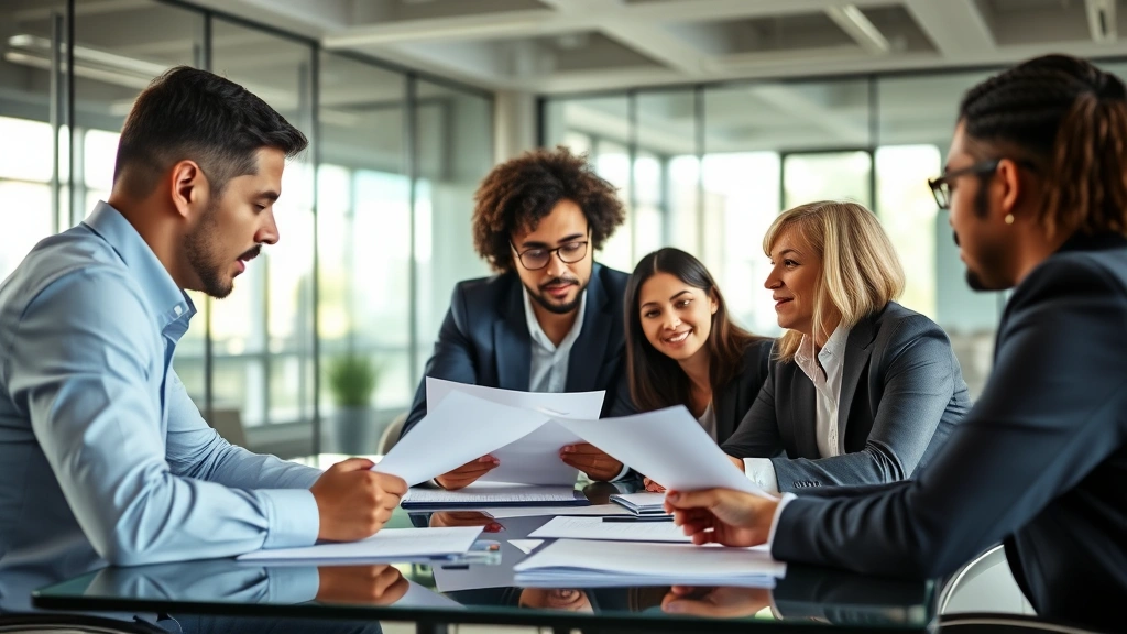 Group of diverse business professionals in conference room reviewing merger acquisition documents and contract negotiations, collaborative atmosphere, modern office setting, afternoon lighting