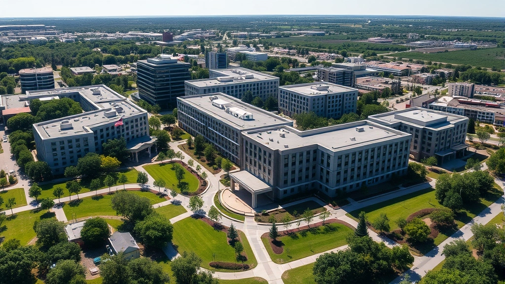 Aerial view of corporate headquarters campus with manicured grounds and multiple buildings representing consolidated market dominance, architectural photography, clear sky