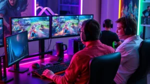 Professional gamer setup with multiple monitors displaying cooperative gameplay coordination, team members communicating through headsets, modern gaming environment with RGB lighting and professional peripherals