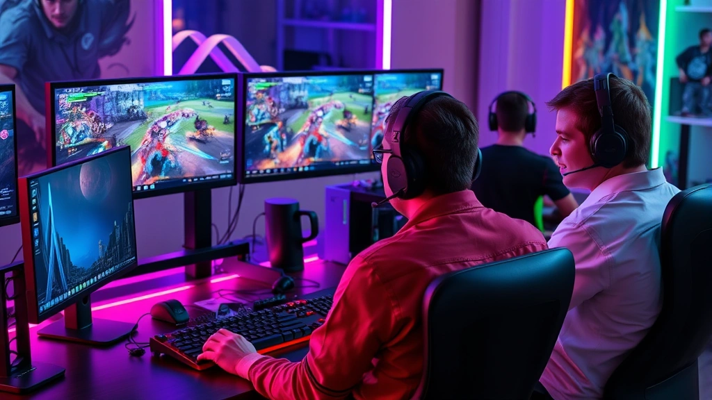 Professional gamer setup with multiple monitors displaying cooperative gameplay coordination, team members communicating through headsets, modern gaming environment with RGB lighting and professional peripherals