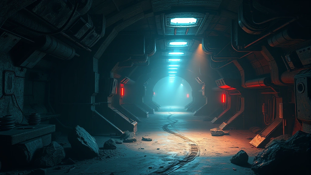 Immersive underground facility exploration scene with enhanced lighting effects, atmospheric shadows, detailed textures, and improved particle effects showing environmental hazards and strategic waypoints