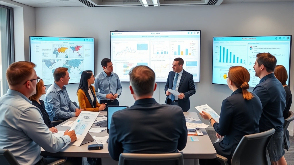 Diverse team of engineers and safety managers reviewing safety documentation and incident reports in modern conference room, professional attire, analyzing charts and protocols on large display screens