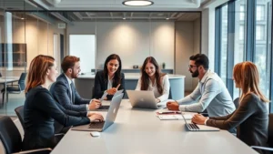 Professional business team in modern office having collaborative meeting around conference table with laptops and tablets, diverse employees discussing strategy