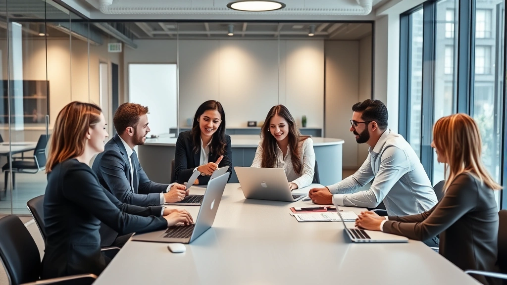 Professional business team in modern office having collaborative meeting around conference table with laptops and tablets, diverse employees discussing strategy