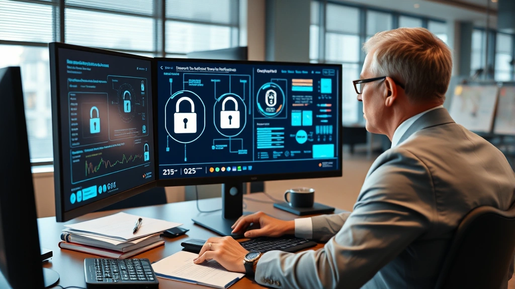Corporate executive reviewing digital security protocols on computer monitor in private office, professional workspace with business documents and technology