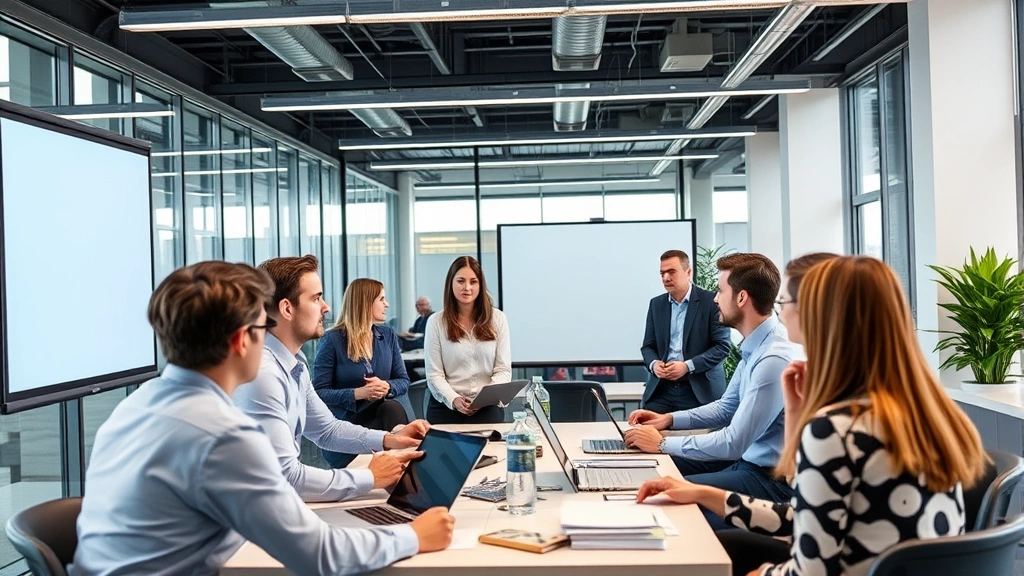 Diverse group of employees in contemporary workplace environment engaged in training session about digital ethics and professional conduct standards