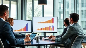 Executive team in modern conference room reviewing strategic growth charts on large display screens, serious focused expressions, contemporary business attire, natural daylight through floor-to-ceiling windows, professional corporate environment